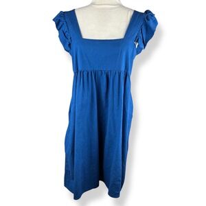 Y2K 2000s Linen Blend Babydoll Dress Womens Size Large Blue Milkmaid‎ Dollcore